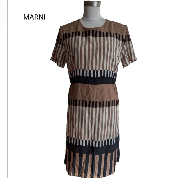 Marni Striped Brown and Black Shift Short Sleeves 💯 Silk Dress 42 - Picture 2 of 14